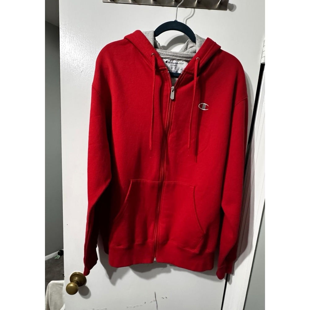 Champion Men's Red Full Zip Fleece Hoodie, Pockets Logo, Size L